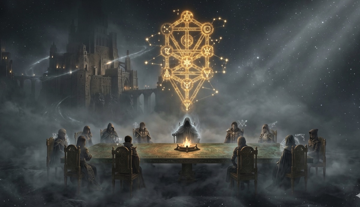 Lord of Mysteries — Klein Moretti and the Tarot Club members gathered above the gray fog